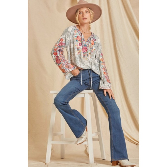 SOLD OUT Colorful Boho Floral Embroidered Long Sleeve Tie Woven Blouse Casual - Picture 6 of 6